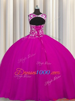 Fuchsia Ball Gowns Tulle Scoop Sleeveless Beading and Appliques Floor Length Lace Up Sweet 16 Dress