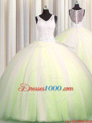 New Arrival Zipple Up Big Puffy Yellow Green Tulle Zipper Vestidos de Quinceanera Sleeveless Brush Train Beading and Appliques