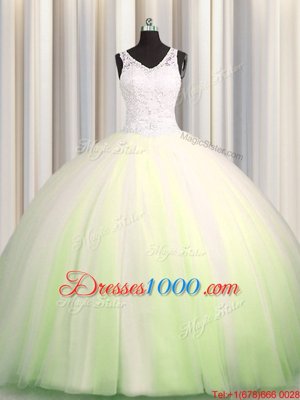 New Arrival Zipple Up Big Puffy Yellow Green Tulle Zipper Vestidos de Quinceanera Sleeveless Brush Train Beading and Appliques