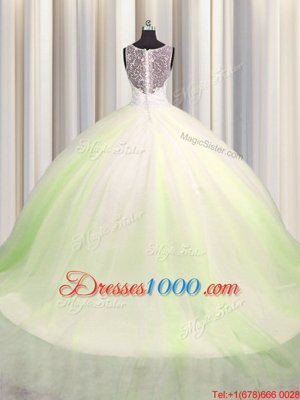 New Arrival Zipple Up Big Puffy Yellow Green Tulle Zipper Vestidos de Quinceanera Sleeveless Brush Train Beading and Appliques