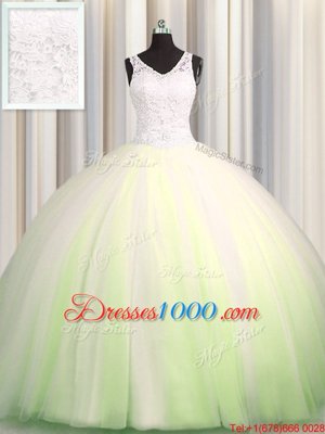 New Arrival Zipple Up Big Puffy Yellow Green Tulle Zipper Vestidos de Quinceanera Sleeveless Brush Train Beading and Appliques