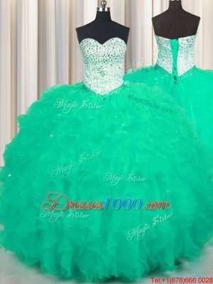 Graceful Sleeveless Tulle Floor Length Lace Up Vestidos de Quinceanera in Turquoise for with Beading and Ruffles