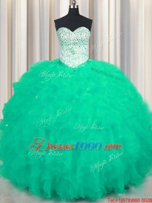 Graceful Sleeveless Tulle Floor Length Lace Up Vestidos de Quinceanera in Turquoise for with Beading and Ruffles