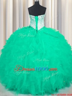 Graceful Sleeveless Tulle Floor Length Lace Up Vestidos de Quinceanera in Turquoise for with Beading and Ruffles