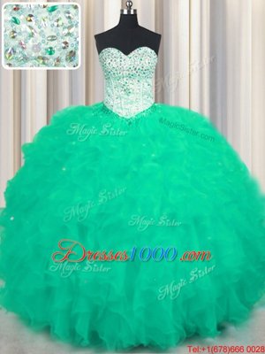 Graceful Sleeveless Tulle Floor Length Lace Up Vestidos de Quinceanera in Turquoise for with Beading and Ruffles