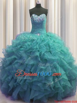 Exceptional Beaded Bust Turquoise Sleeveless Beading and Ruffles Floor Length Ball Gown Prom Dress