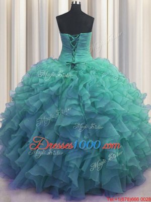 Exceptional Beaded Bust Turquoise Sleeveless Beading and Ruffles Floor Length Ball Gown Prom Dress