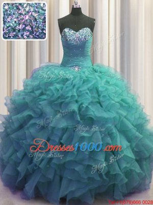 Exceptional Beaded Bust Turquoise Sleeveless Beading and Ruffles Floor Length Ball Gown Prom Dress