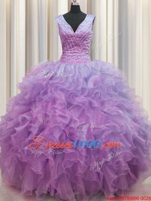 V Neck Zipper Up Lilac Ball Gowns Ruffles Sweet 16 Dress Zipper Organza Sleeveless Floor Length