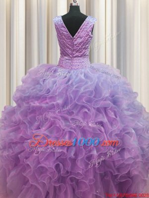 V Neck Zipper Up Lilac Ball Gowns Ruffles Sweet 16 Dress Zipper Organza Sleeveless Floor Length