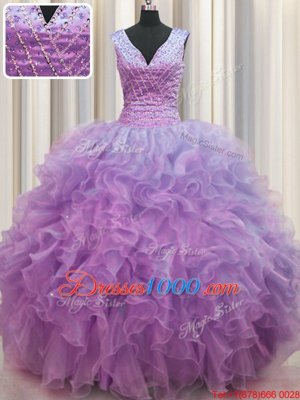 V Neck Zipper Up Lilac Ball Gowns Ruffles Sweet 16 Dress Zipper Organza Sleeveless Floor Length