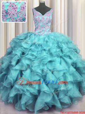 Ruffled V Neck Sleeveless Floor Length Appliques and Ruffles Lace Up Vestidos de Quinceanera with Aqua Blue