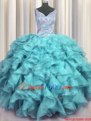 Ruffled V Neck Sleeveless Floor Length Appliques and Ruffles Lace Up Vestidos de Quinceanera with Aqua Blue