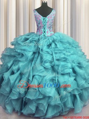 Ruffled V Neck Sleeveless Floor Length Appliques and Ruffles Lace Up Vestidos de Quinceanera with Aqua Blue