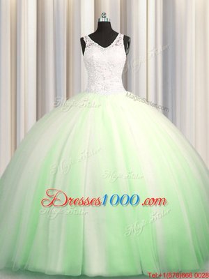 Glamorous See Through Zipple Up V-neck Sleeveless Tulle 15th Birthday Dress Beading and Appliques Brush Train Zipper