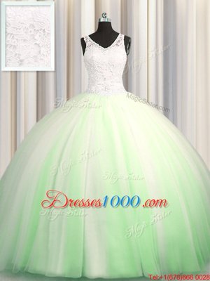 Glamorous See Through Zipple Up V-neck Sleeveless Tulle 15th Birthday Dress Beading and Appliques Brush Train Zipper