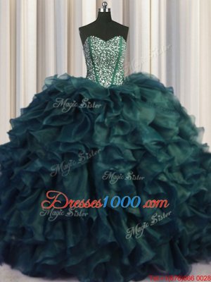 Simple Visible Boning Bling-bling With Train Lace Up Sweet 16 Dresses Peacock Green and In for Military Ball and Sweet 16 and Quinceanera with Beading and Ruffles Brush Train