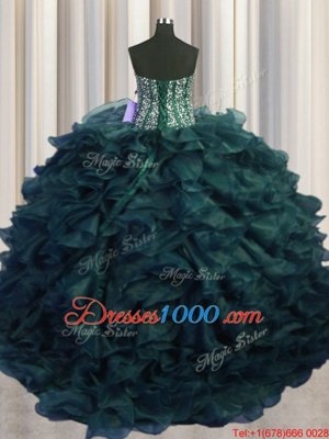 Simple Visible Boning Bling-bling With Train Lace Up Sweet 16 Dresses Peacock Green and In for Military Ball and Sweet 16 and Quinceanera with Beading and Ruffles Brush Train