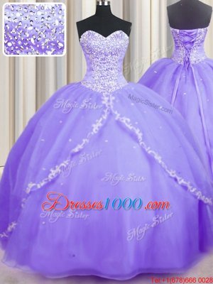 Lavender Ball Gowns Sweetheart Sleeveless Organza With Brush Train Lace Up Beading and Appliques 15 Quinceanera Dress