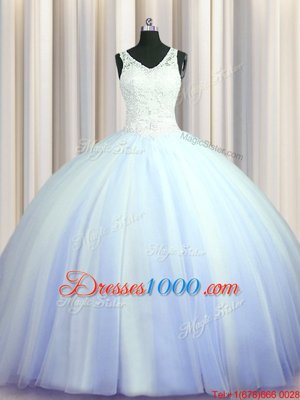 Best See Through Brush Train Zipper Up Light Blue V-neck Neckline Beading and Appliques Ball Gown Prom Dress Sleeveless Zipper