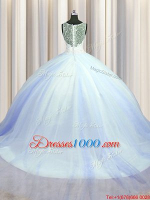 Best See Through Brush Train Zipper Up Light Blue V-neck Neckline Beading and Appliques Ball Gown Prom Dress Sleeveless Zipper