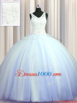 Best See Through Brush Train Zipper Up Light Blue V-neck Neckline Beading and Appliques Ball Gown Prom Dress Sleeveless Zipper