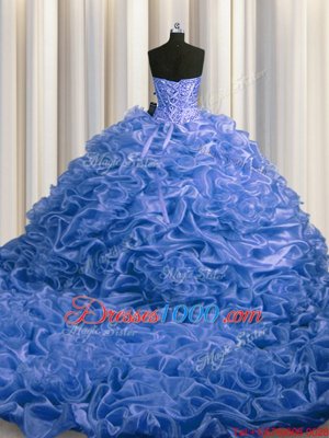 Pick Ups With Train Blue Quinceanera Gowns Sweetheart Sleeveless Court Train Lace Up