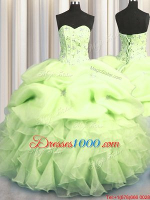 Unique Visible Boning Yellow Green Ball Gowns Sweetheart Sleeveless Organza Floor Length Lace Up Beading and Ruffles and Pick Ups Quince Ball Gowns