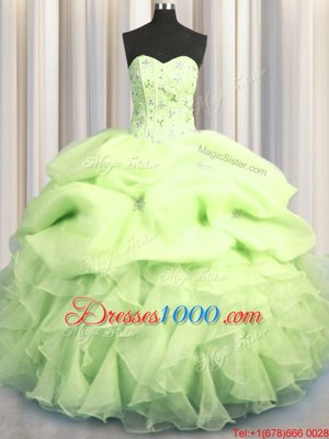 Unique Visible Boning Yellow Green Ball Gowns Sweetheart Sleeveless Organza Floor Length Lace Up Beading and Ruffles and Pick Ups Quince Ball Gowns