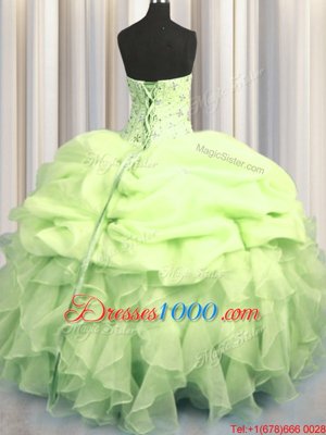 Unique Visible Boning Yellow Green Ball Gowns Sweetheart Sleeveless Organza Floor Length Lace Up Beading and Ruffles and Pick Ups Quince Ball Gowns