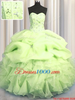 Unique Visible Boning Yellow Green Ball Gowns Sweetheart Sleeveless Organza Floor Length Lace Up Beading and Ruffles and Pick Ups Quince Ball Gowns