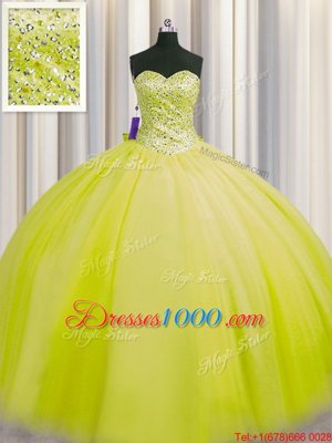 Edgy Really Puffy Yellow Green Sleeveless Tulle Lace Up Quinceanera Gown for Military Ball and Sweet 16 and Quinceanera