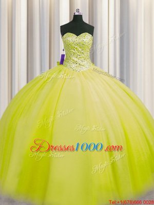 Edgy Really Puffy Yellow Green Sleeveless Tulle Lace Up Quinceanera Gown for Military Ball and Sweet 16 and Quinceanera