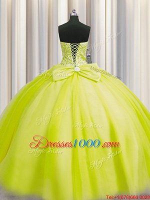 Edgy Really Puffy Yellow Green Sleeveless Tulle Lace Up Quinceanera Gown for Military Ball and Sweet 16 and Quinceanera