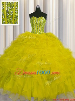Visible Boning Yellow Sleeveless Beading and Ruffles and Sequins Floor Length Sweet 16 Quinceanera Dress