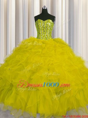 Visible Boning Yellow Sleeveless Beading and Ruffles and Sequins Floor Length Sweet 16 Quinceanera Dress