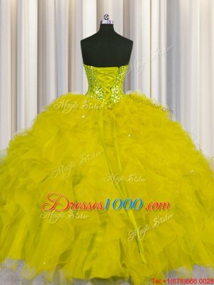 Visible Boning Yellow Sleeveless Beading and Ruffles and Sequins Floor Length Sweet 16 Quinceanera Dress