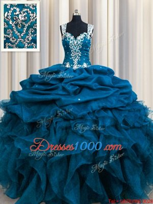 Zipple Up See Through Back Teal Ball Gowns Organza Straps Sleeveless Beading and Ruffles and Sequins and Pick Ups Floor Length Zipper Quinceanera Gowns