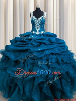 Zipple Up See Through Back Teal Ball Gowns Organza Straps Sleeveless Beading and Ruffles and Sequins and Pick Ups Floor Length Zipper Quinceanera Gowns