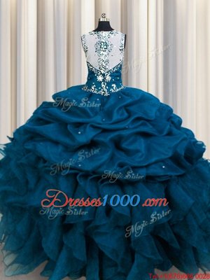 Zipple Up See Through Back Teal Ball Gowns Organza Straps Sleeveless Beading and Ruffles and Sequins and Pick Ups Floor Length Zipper Quinceanera Gowns