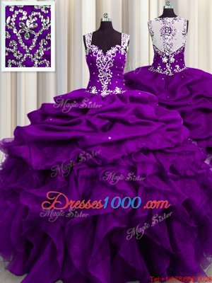 On Sale See Through Back Straps Sleeveless Quinceanera Gown Floor Length Beading and Ruffles and Sequins and Pick Ups Purple Organza