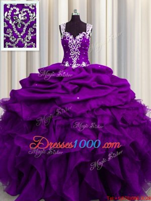 On Sale See Through Back Straps Sleeveless Quinceanera Gown Floor Length Beading and Ruffles and Sequins and Pick Ups Purple Organza