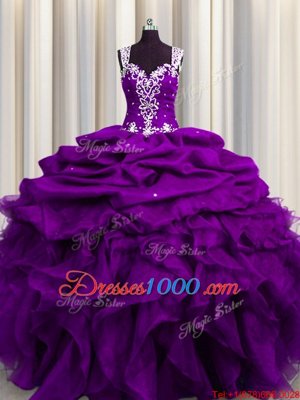 On Sale See Through Back Straps Sleeveless Quinceanera Gown Floor Length Beading and Ruffles and Sequins and Pick Ups Purple Organza