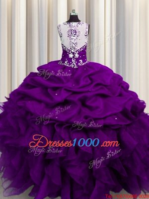 On Sale See Through Back Straps Sleeveless Quinceanera Gown Floor Length Beading and Ruffles and Sequins and Pick Ups Purple Organza