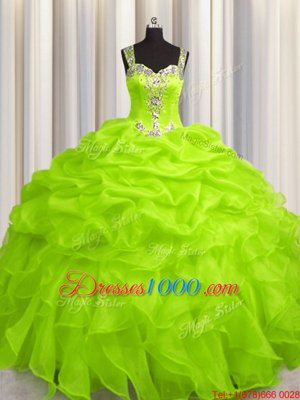 See Through Zipper Up Ball Gowns Straps Sleeveless Organza Floor Length Zipper Appliques and Ruffles Sweet 16 Dress