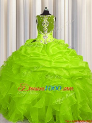 See Through Zipper Up Ball Gowns Straps Sleeveless Organza Floor Length Zipper Appliques and Ruffles Sweet 16 Dress