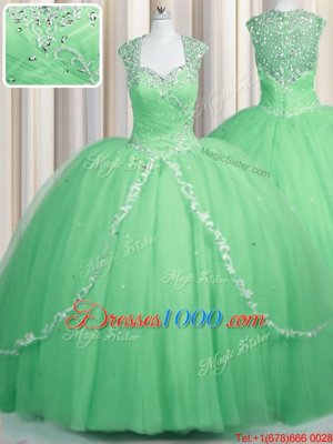 Great Sweetheart Cap Sleeves Tulle Quinceanera Dress Beading and Appliques Brush Train Zipper