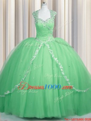 Great Sweetheart Cap Sleeves Tulle Quinceanera Dress Beading and Appliques Brush Train Zipper