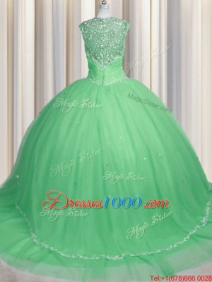 Great Sweetheart Cap Sleeves Tulle Quinceanera Dress Beading and Appliques Brush Train Zipper