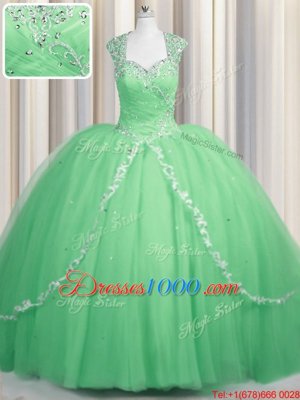 Great Sweetheart Cap Sleeves Tulle Quinceanera Dress Beading and Appliques Brush Train Zipper